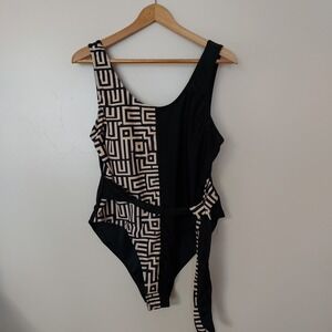 Black & Cream Geometric One-Piece Swimsuit with Waist Tie